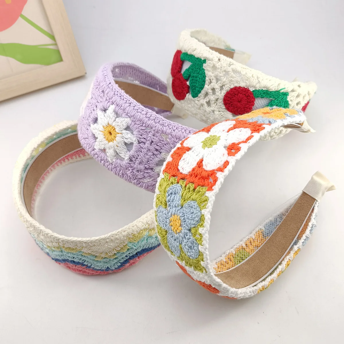 Sweet Flower Embroidery Girl Hair Hoops Colorful Knit Woolen Wide Hairband for Girl Headwear Women Hair Accessories