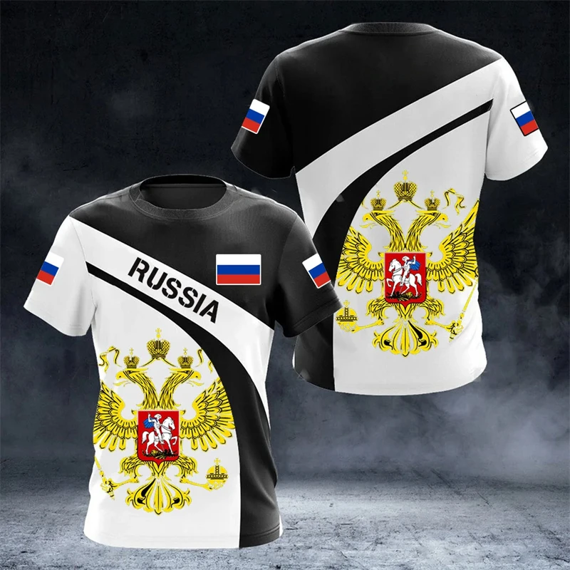 Russia Men\'s T-shirts Casual Oversized O-Neck Russian Flag Print Short-sleeved Tops Men Clothing Daily Unisex T-shirt Streetwear