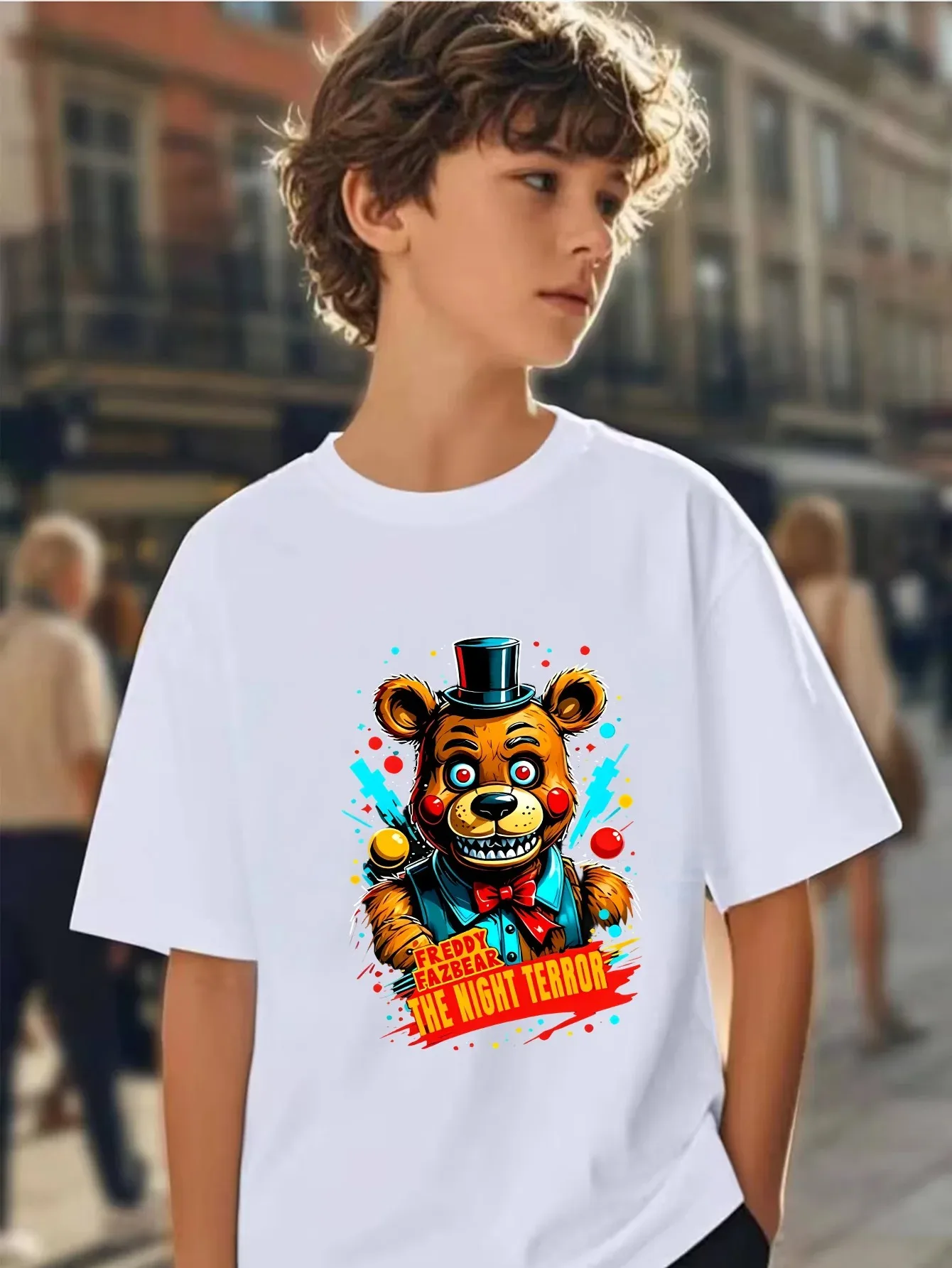 Fnaf Freddy Night Horror Kids T-Shirt - Toy Bear's Five Nights At Freddy's Merchandise - Children's Summer Short-Sleeved Shirt