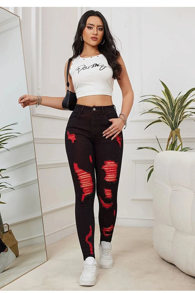 トレンディなY2Kハイウエストストレッチスキニージーンズ カラフルなダメージ加工パンツ レディース アメリカンスタイル