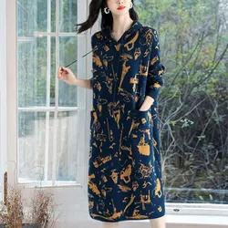 Casual Hooded Drawstring Midi Dress Female Clothing Spring Autumn Printed Commute Stylish Pockets Spliced Straight Loose Dresses