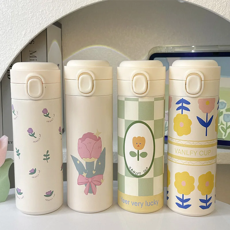 500 ml Thermosbecher, Edelstahl, Blumentulpe, Thermobecher mit Schnalle und Strohhalm, Milchtee, Kaffeebecher, auslaufsicherer Thermosbecher