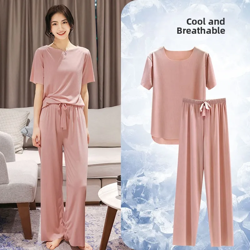 

Ice Silk Short Sleeve T-Shirt And Casual Pants Home Clothes Set Women Summer Thin Loose Nightgown Can Be Worn outside Two-Pie...
