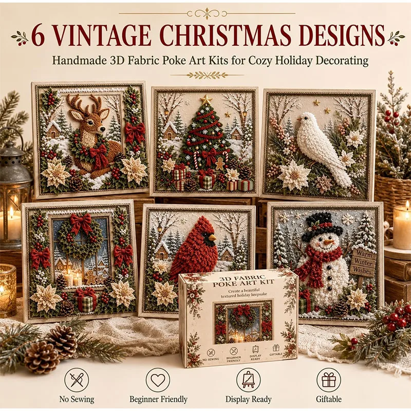 3D Christmas Fabric Poke Art DIY Kit Snowman Xmas Tree Reindeer Pattern Complete Fabric Tool Set Hand‑Poking Craft Holiday Gifts
