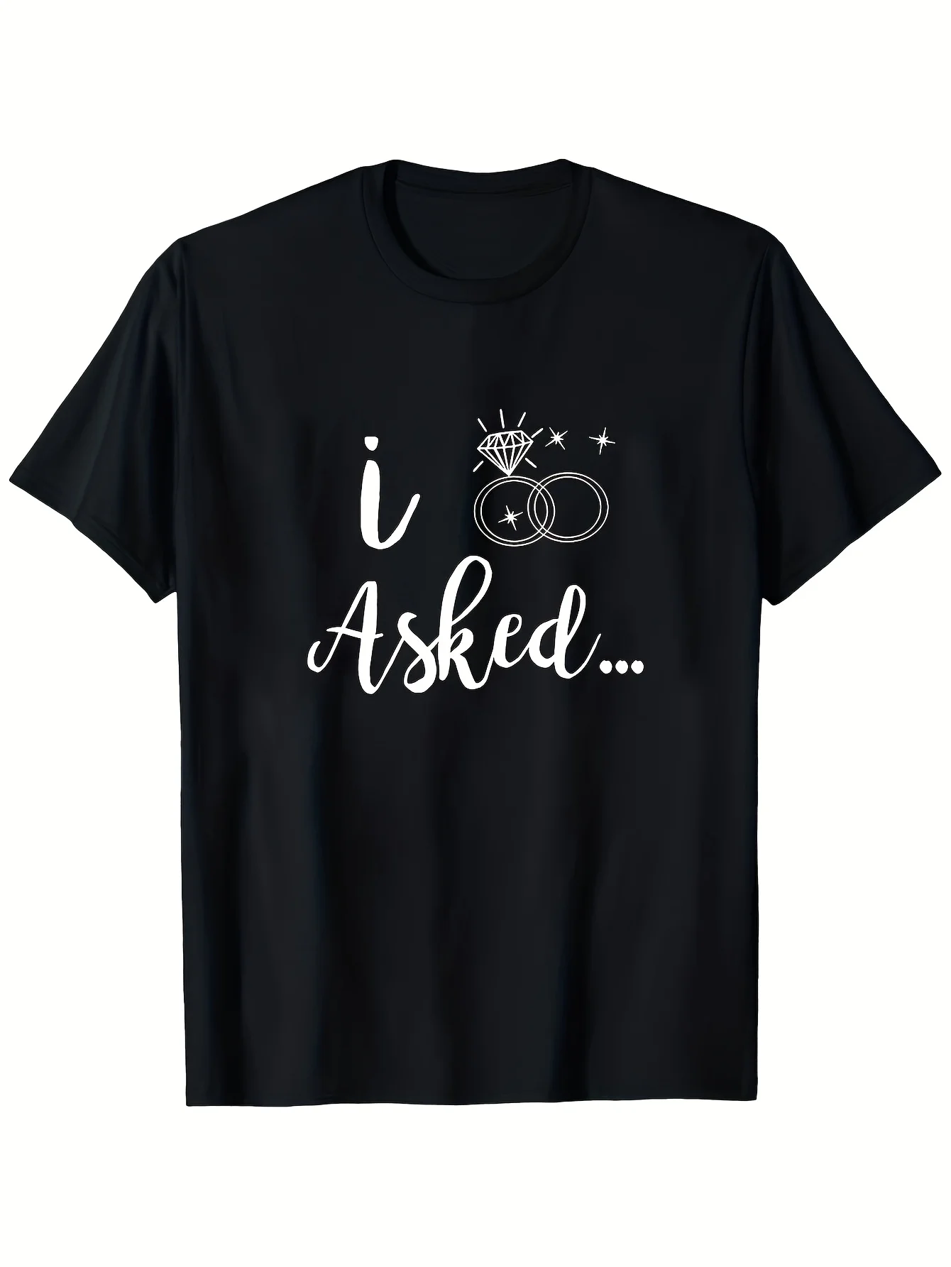 2026 MenI Asked She Said Yes Wedding Couple T-Shirt - Matching Synthetic Gemstone Engagement Ring Design, 100% Soft Stretch Fabr