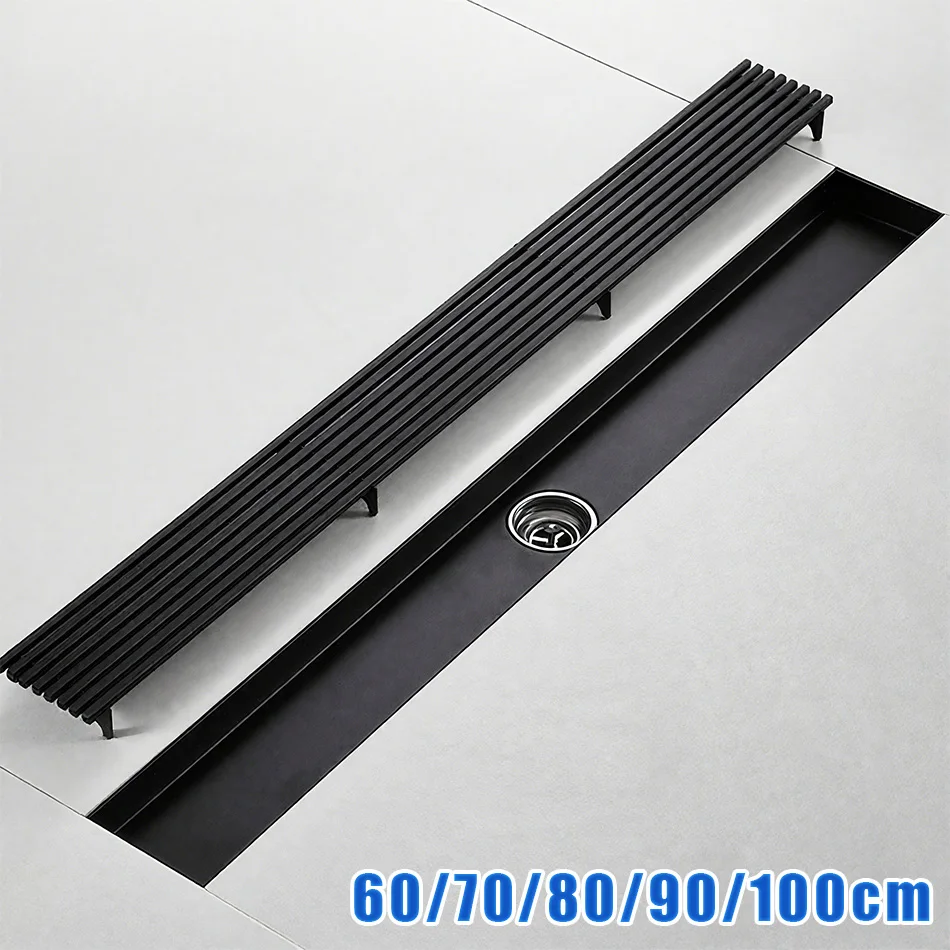 

Полосатый слив для пола, черный, нержавеющая сталь 304, твердый душ для ванной комнаты, длинный линейный слив для воды, боковая крышка для напольного стока 60-100 см