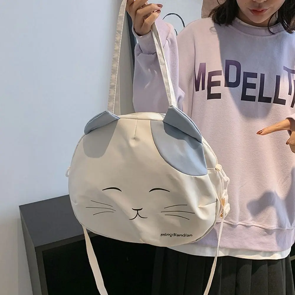 Fashionable Canvas Nylon Prints Cat Messenger Bag Large Capacity College Style Handbag Shoulder Bag Portable Crossbody Bag Girl