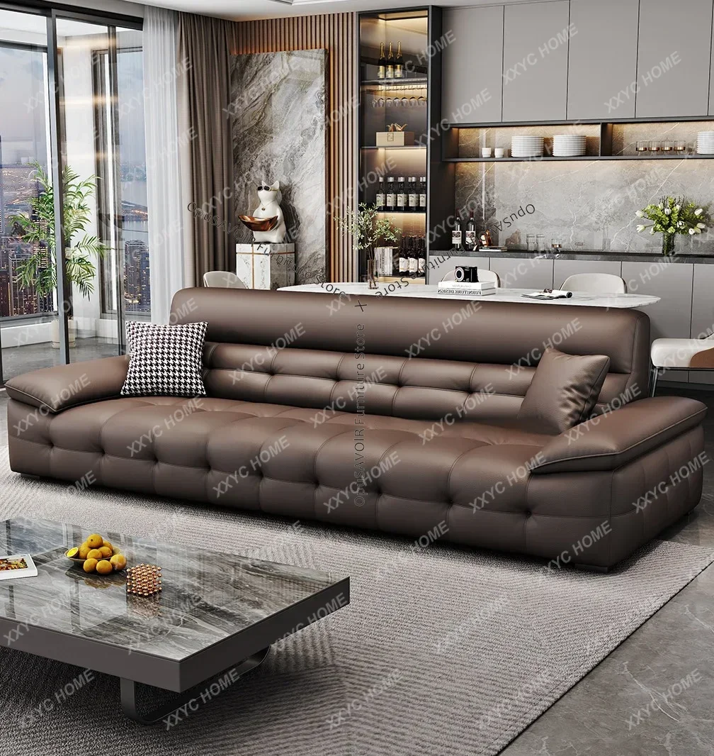 Genuine Leather Living Room Sofa High Back Three-Seater Straight Living Room Sofa Modern Minimalist Furniture