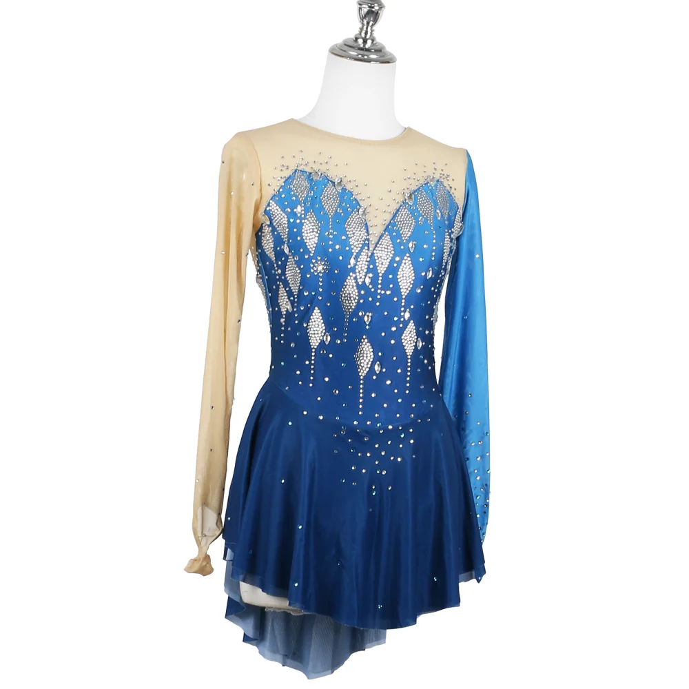 ZAGITOVA-vestido de patinaje artístico degradado azul, falda de patinaje sobre hielo para mujeres y niñas, falda de malla magnífica de competición con diamantes de imitación