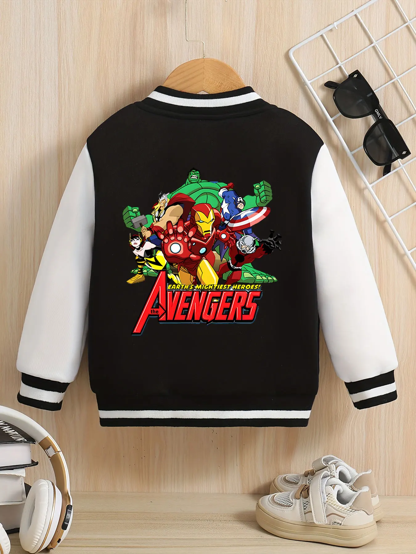 سترة بيسبول MINISO Marvel Avengers Hero Boys - طباعة بطل المنتقمون، على الوجهين لنقل قوة الفريق، عصرية و ea