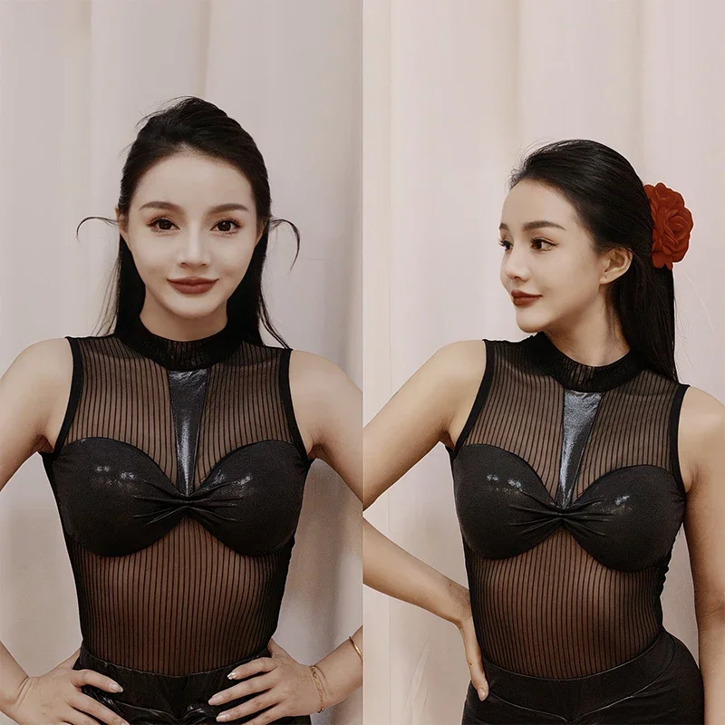 

2025 New Black Mesh New Latin Dance Costume Adult Sleeveless Tops Samba Rumba Dancing Bodysuit Women Practice Clothes