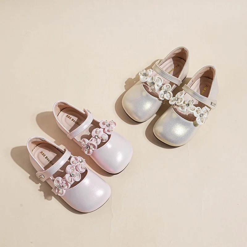 Girls Mary Janes 2026 Spring Autumn Floral Leather Shoes for Kids Princess Student Anti-Slip Flats
