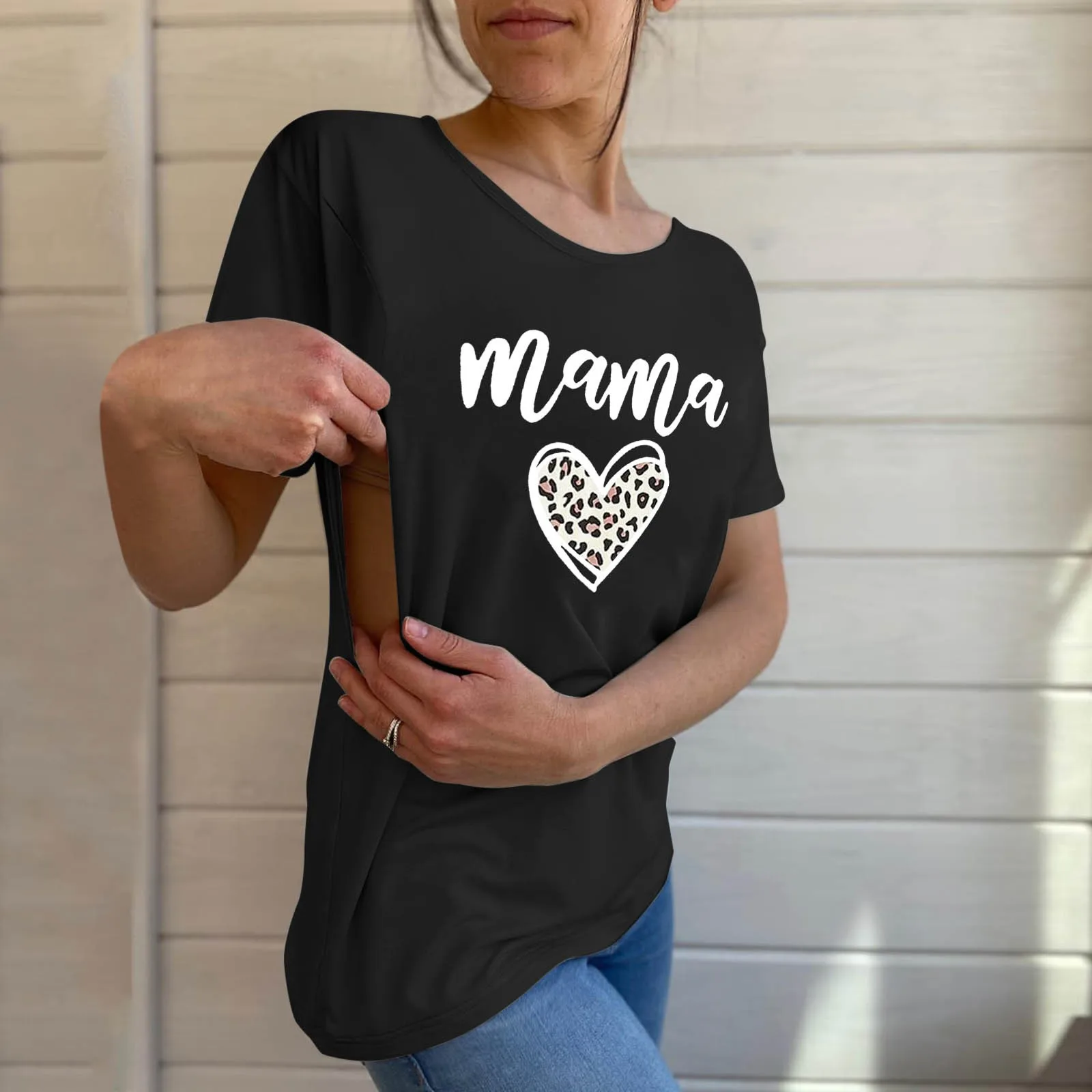 Dames bedrukt effen kleur ademend T-shirt Dames moederschap voedingsshirt Mama shirt Zip moederschap borstvoeding tops