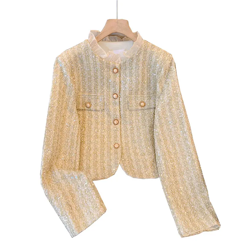 

Yellow women's long sleeved tweed jacket 2024 new summer small fragrance lace patchwork sequin top