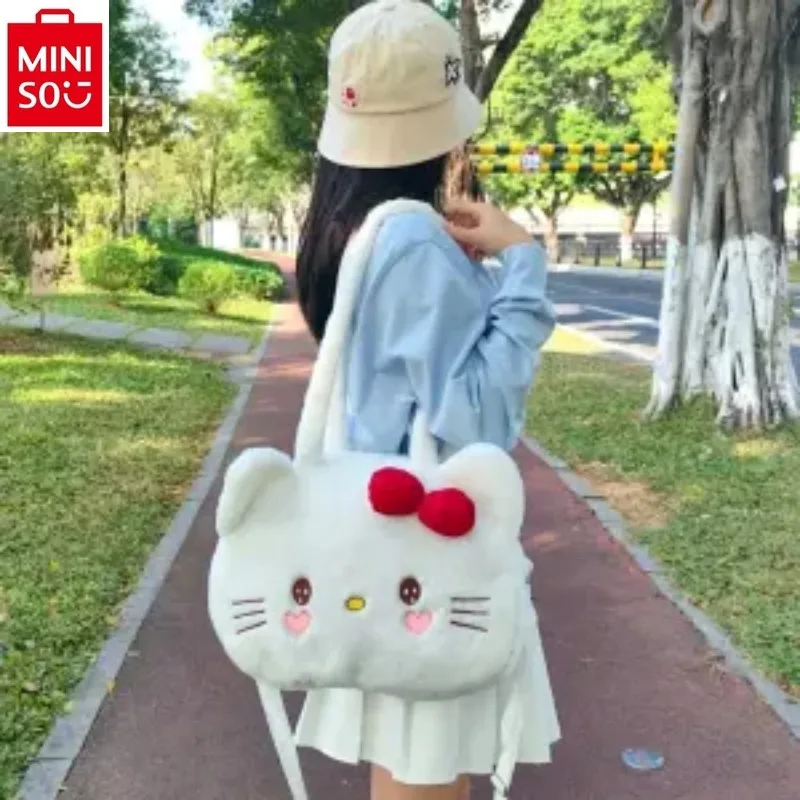 

MINISO Winter High Quality Plush Large Capacity Handbag Student Cute Cartoon Hello Kitty Versatile Storage Shoulder Bag