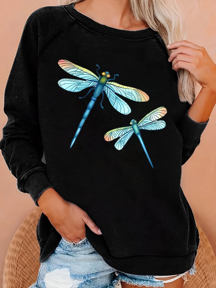 Seeyoushy Dragonfly Print Fun Printed Women\'s Top Y2K Casual Trend Women\'s Hoodie Fashion 90\'s Vintage Clothing Harajuku 2023