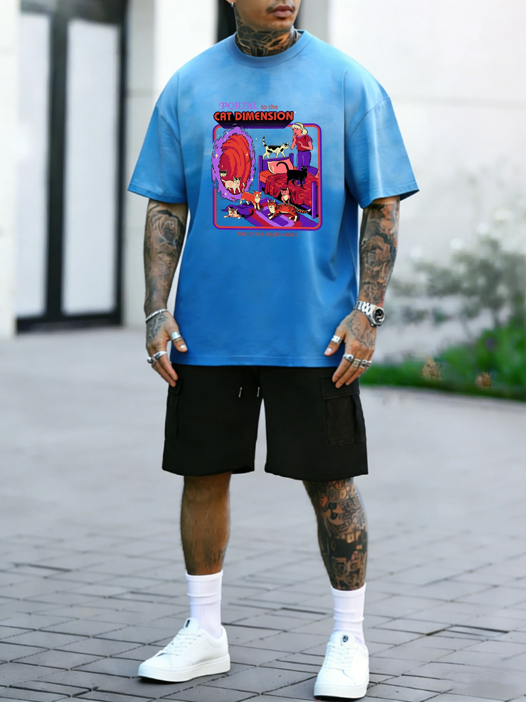 

Футболка с принтом Portal To The Cat Dimension, мужская летняя удобная футболка и шорты, модная хлопковая одежда с круглым вырезом и короткими рукавами
