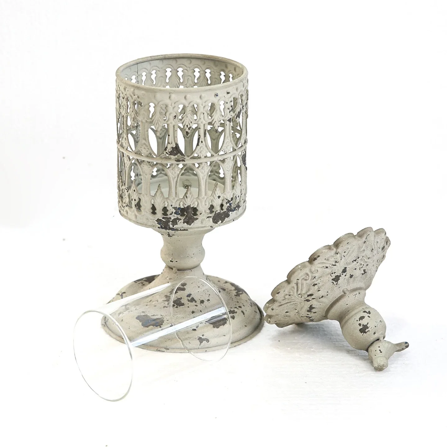 Decorative Metal Candle Holder with Bird Finial, Distressed White Finish, Openwork Design Lantern