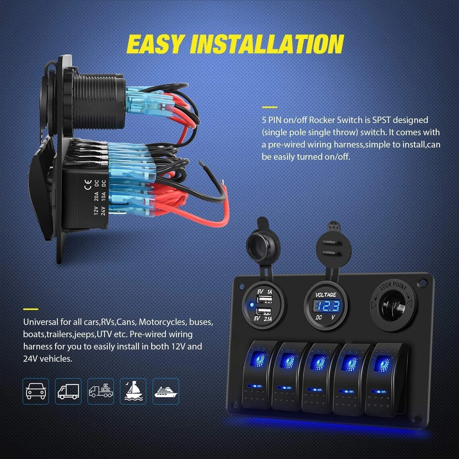 لوحة مفاتيح ألومنيوم سلكية مسبقًا من Waywe 5-Gang 12V-24V DC |   USB، ولاعة السجائر، ملصقات توهج الفولتميتر للسيارات، RVs، الشاحنات