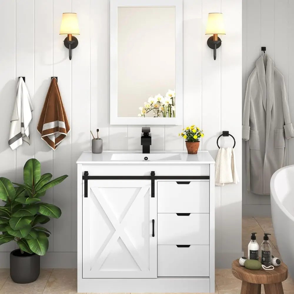 

36 White Single Sink Bathroom Vanity with Sliding Barn Door Cabinet & Mirror