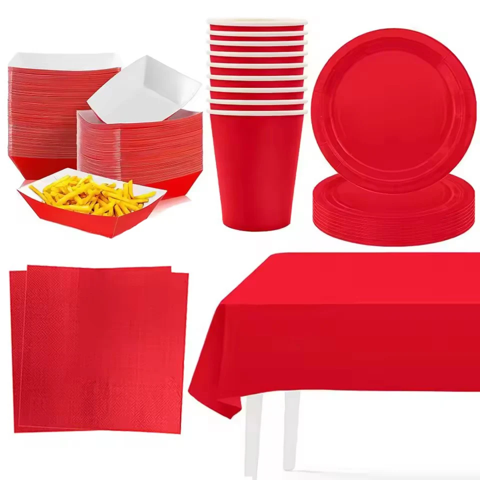 Solid Color Red Party Tableware Paper Plates Napkins Cups Food Tray Red Party Supplies Wedding Birthday Christmas Party Decorati