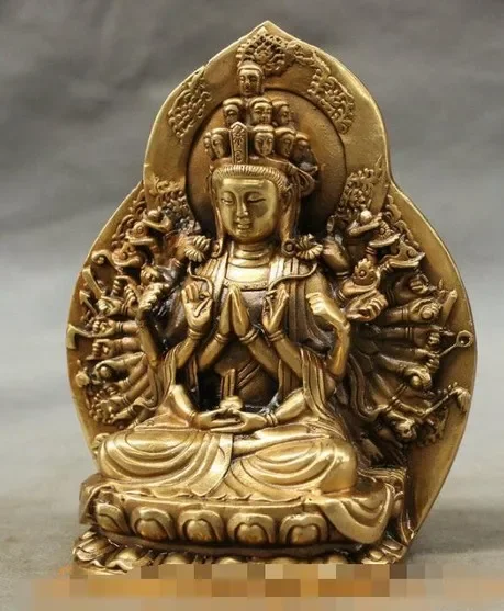 Chinese Brass Buddhism Kwan-Yin Bowl 1000 Arm Avalokitesvara Buddha Statue Set