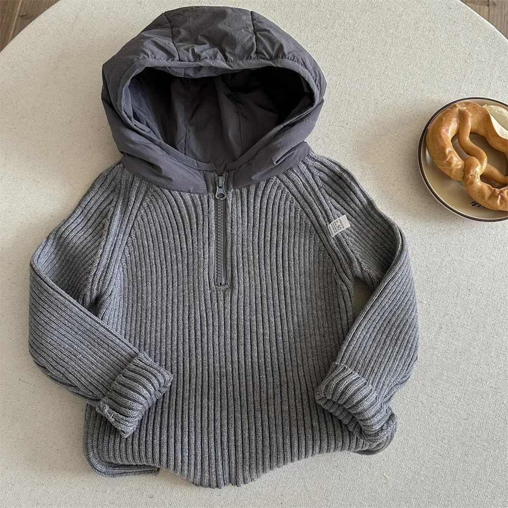 Children's Clothing Boys' Knitted Sweater Sweatshirt 2025 Autumn And Winter New Style Children's Half Zipper Hooded Sweater Top