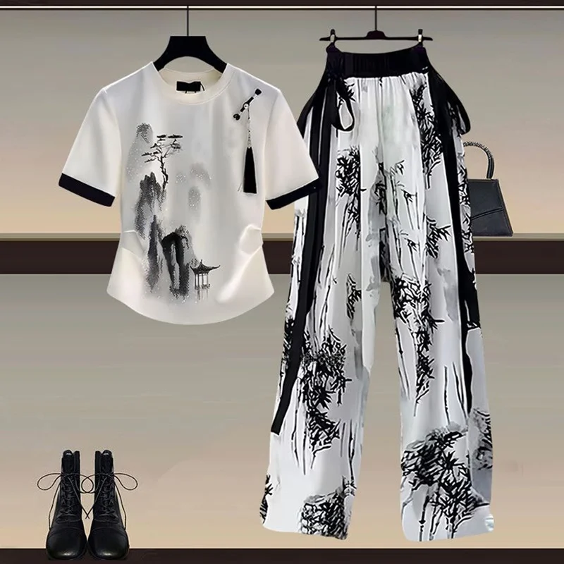 

New Chinese Sle National Trend ort Sve Women's T-irt 2025 New Unique Design Slimming Hanfu Casual Pants