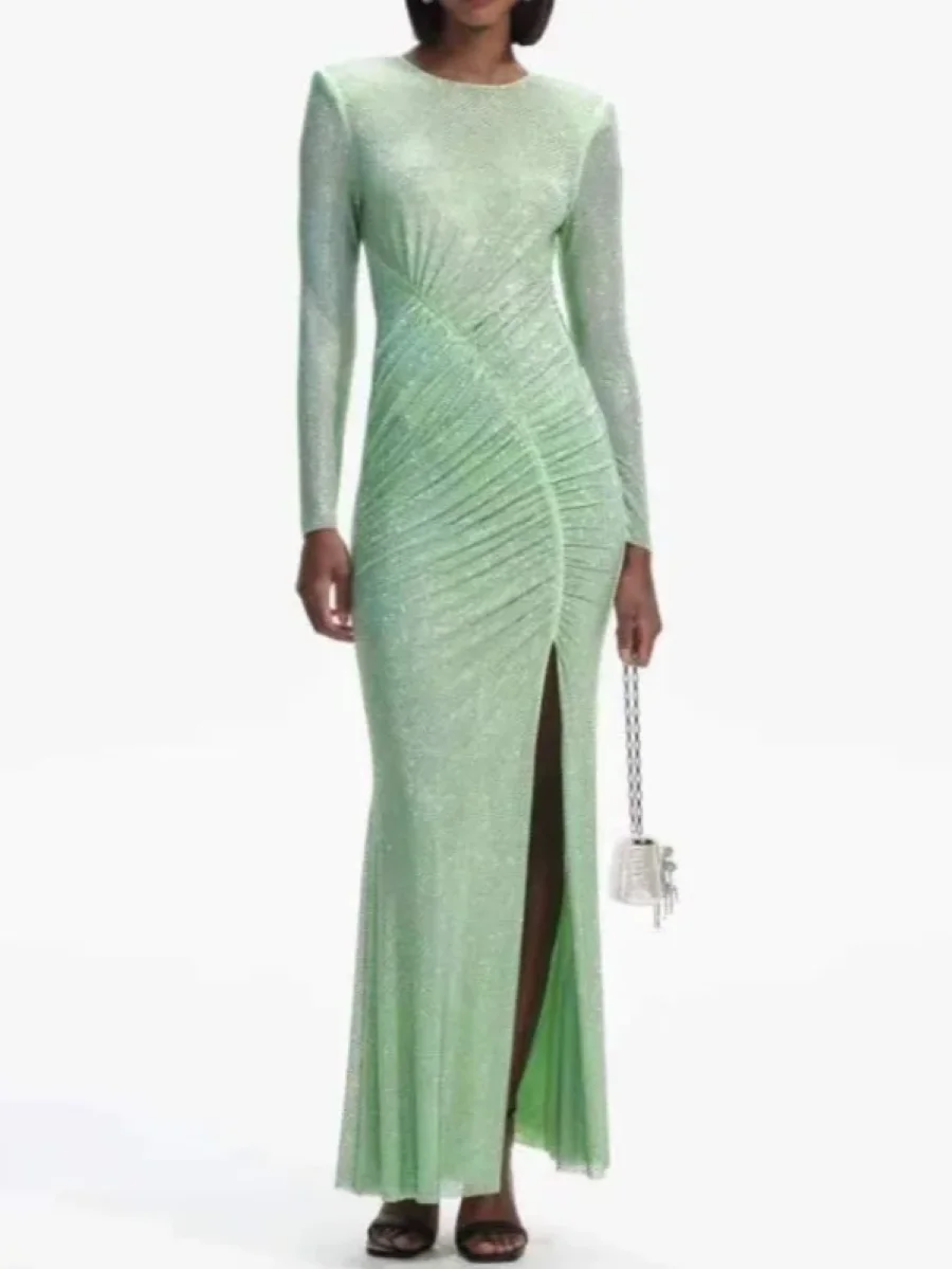 Robe verte plissée avec décoration en diamant pour femme, taille haute, col rond, manches longues, robe longue élégante pour femme