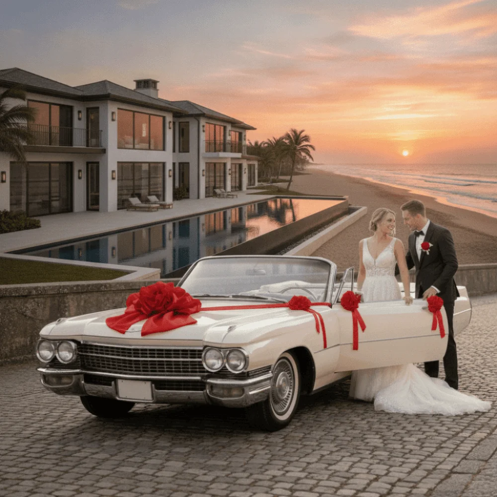Elegant Large Wedding Car Front Decor Red Romantic Floral Ball Ribbon Bows Full Set Pull Bows Pick-Up Car