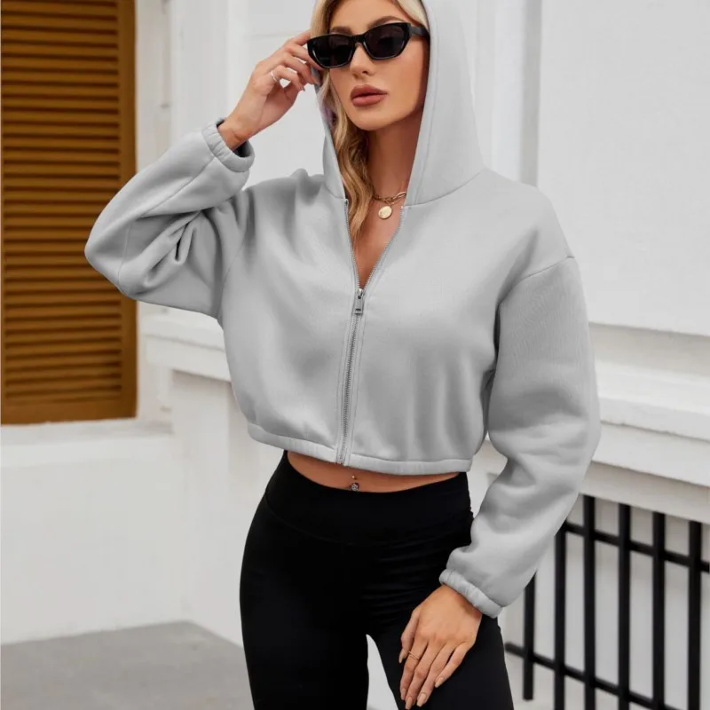 

Autumn Winter New Long Sleeve Crop Short Top Lady Fashion Casual Zipper Hooded Commute Solid Simple Outdoor Sweatshirt For Women