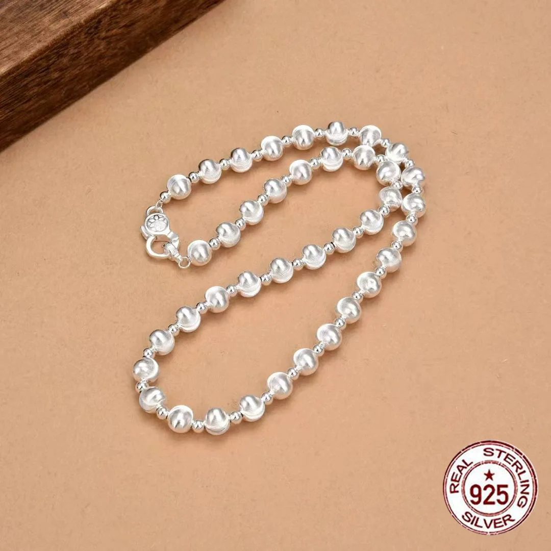 fashion brand S925 sterling silver necklace with smooth brushed cat eyes Round bead minimalist silver jewelry birthday gift