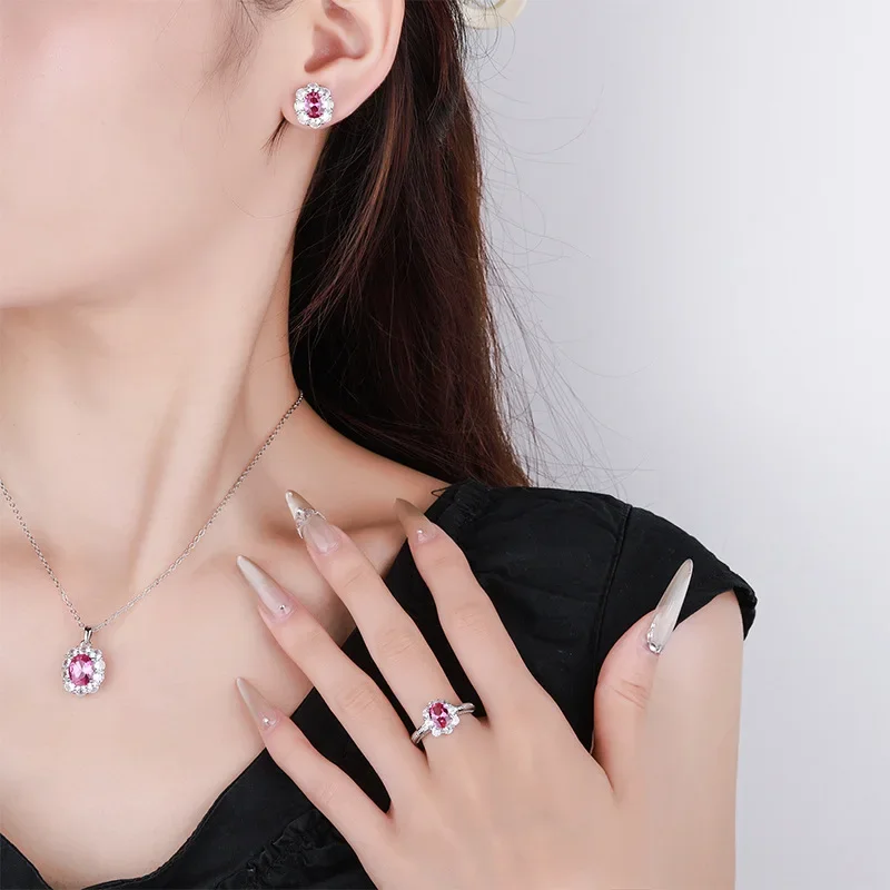 New jewelry S925 silver plated 18K gold inlaid with simulated red corundum retro three sets of cultivated gemstones 8*10-6*8