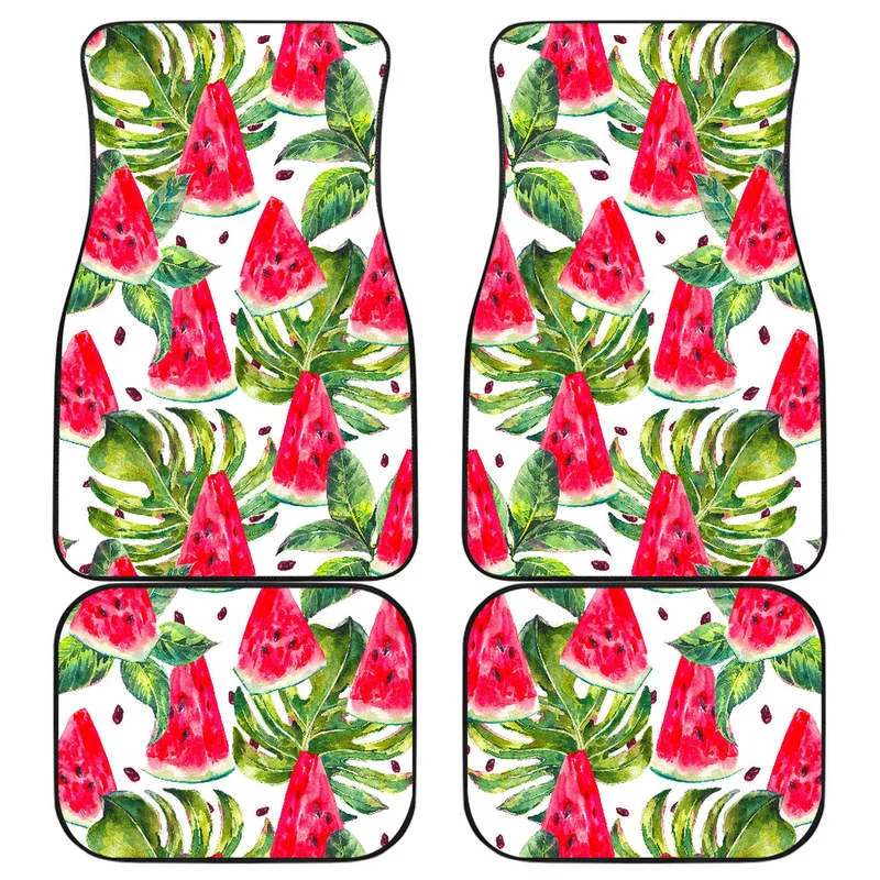 

White Tropical Watermelon Pattern Print Front and Back Car Floor Mats Heavy Carpet Front and Rear Full Set 4PCs Pack