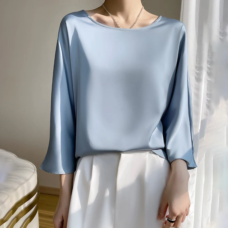 2023 Spring/Summer New Round Neck 3/4 Sleeve Clean Face Loose High Grade Draping Silk Smooth Satin T-shirt Women\'s Top