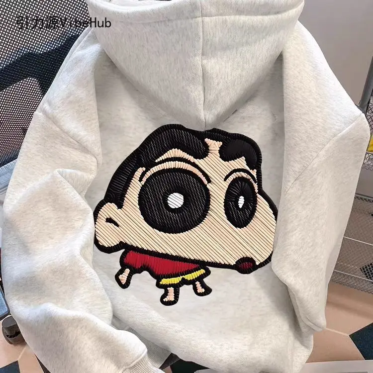 Cute Anime Crayon Shin-Chan Back Embroidery Hoodie Winter Warm Fleece Lined Oversized Hooded Pullover Couple Matching Sweatshirt