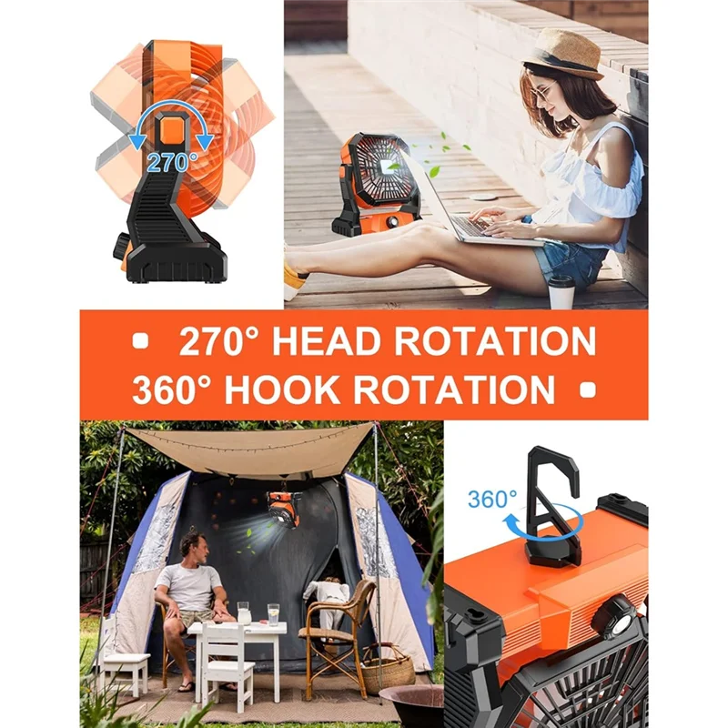 مروحة خيمة قابلة لإعادة الشحن USB A88X مع ضوء، مروحة تخييم محمولة للمغامرات الخارجية