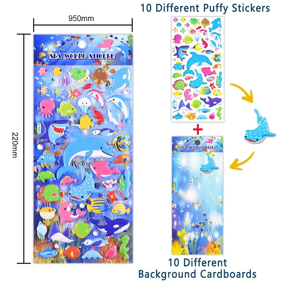 1 Sheet Kids Stickers Sea Animal 10 Different Sheets 3D Puffy Bulk Scrapbooking Sticker For Kids Boys Girls Gifts Reward Toys