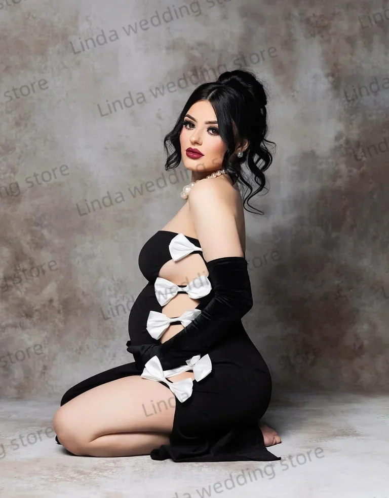 사진 촬영을위한 블랙 맞춤형 출산 가운 활이있는 Strapless 인어 칵테일 드레스 섹시한 민소매 베이비 샤워 가운