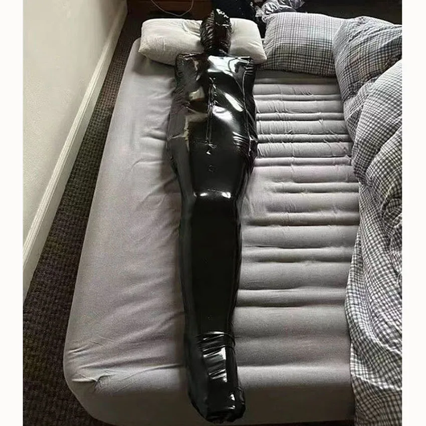 Unisex Self Bondage Black Shiny PU Bodysuit, Trajes de múmia, Saco de dormir, Sexy Catsuit, Frente com zíper, Halloween Cosplay