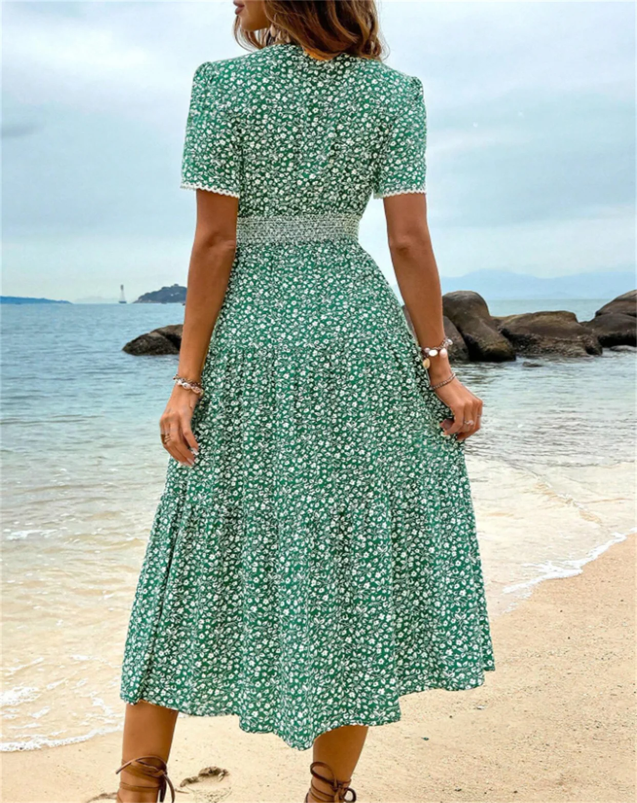 Fashion  Floral Print Crew Neck Dress Elegant Short Sleeve   Green Print A line Dress For Spring  Summer  Women\'s Clothing