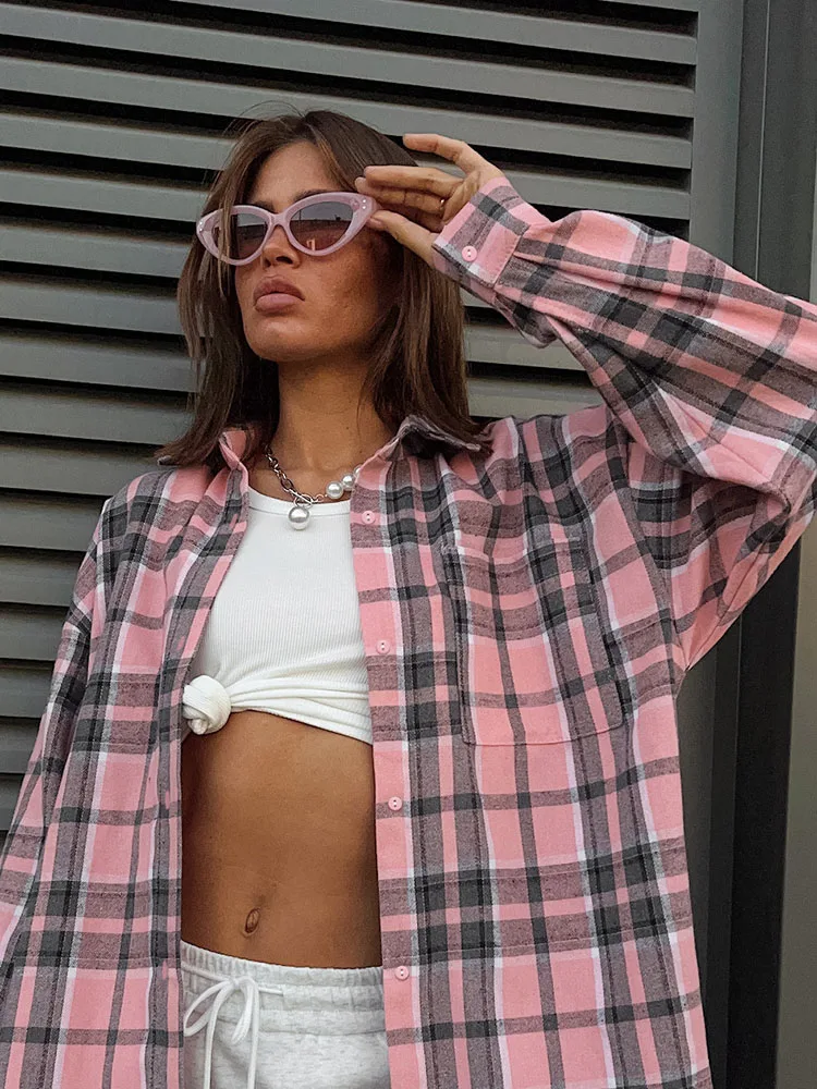 Casual Blouses New Fall Winter Office Lady Long Sleeve Pink Plaid Shirt Loose Versatile Plaid Pockets Shirts Top Women Clothing