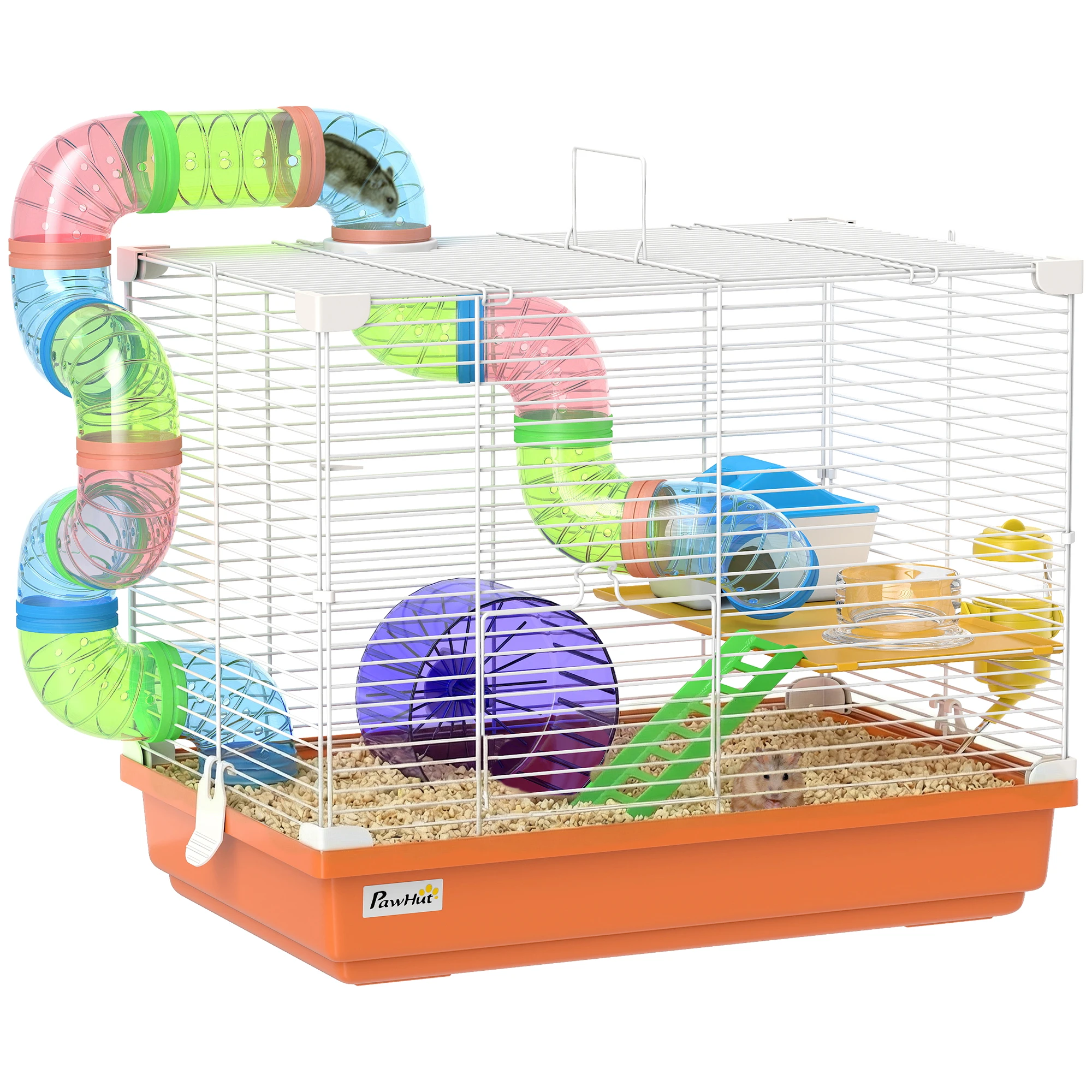 PawHut Jaula para Hámster con Túnel Cuenco Bebedero Casita Rampa Rueda de Ejercicio Bandeja Extraíble 46x30x37 cm