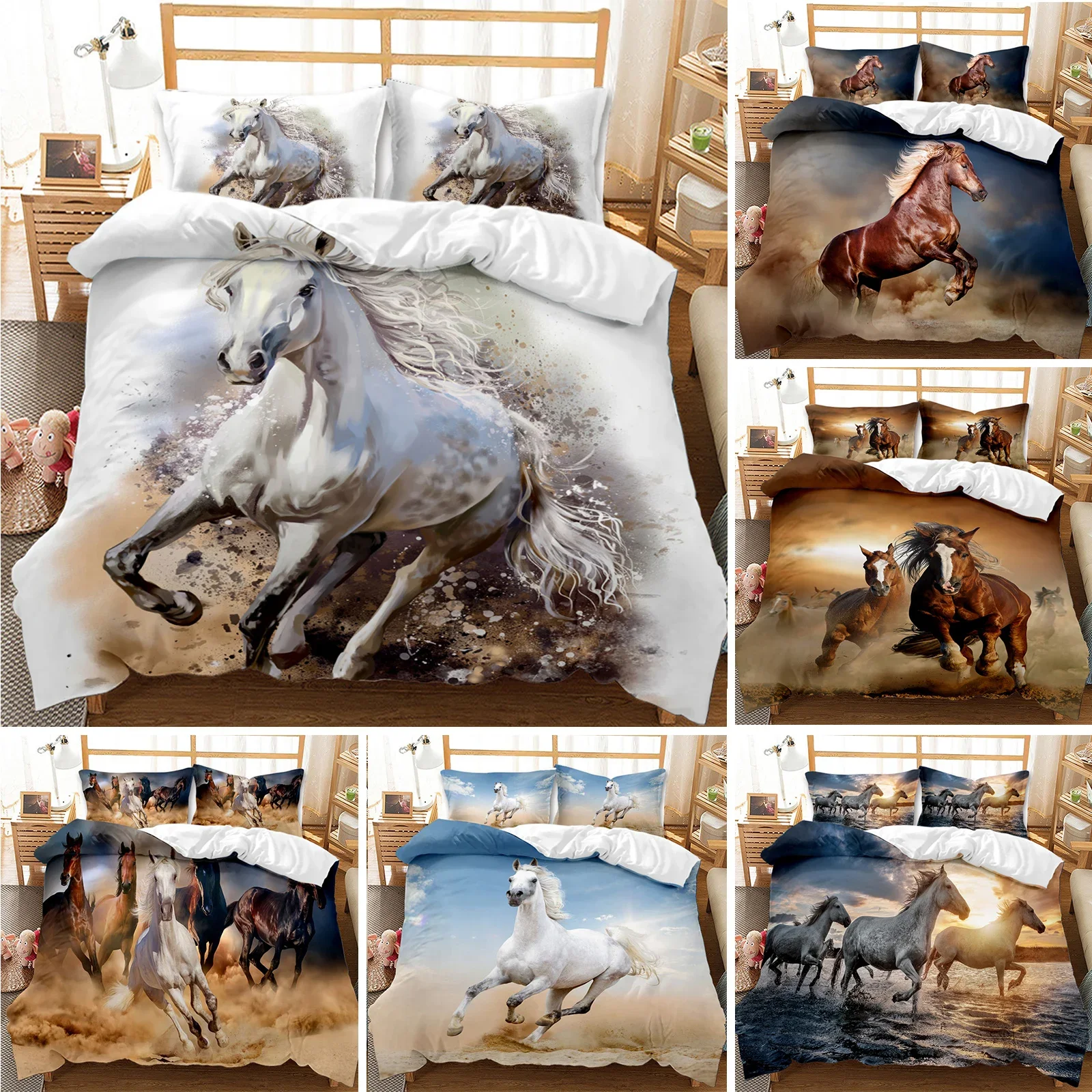 

White Horse Duvet Cover Set King/Queen/Full Size Steed Print Decorative Comforter Cover Microfiber Quilt Cover Luxury Soft White