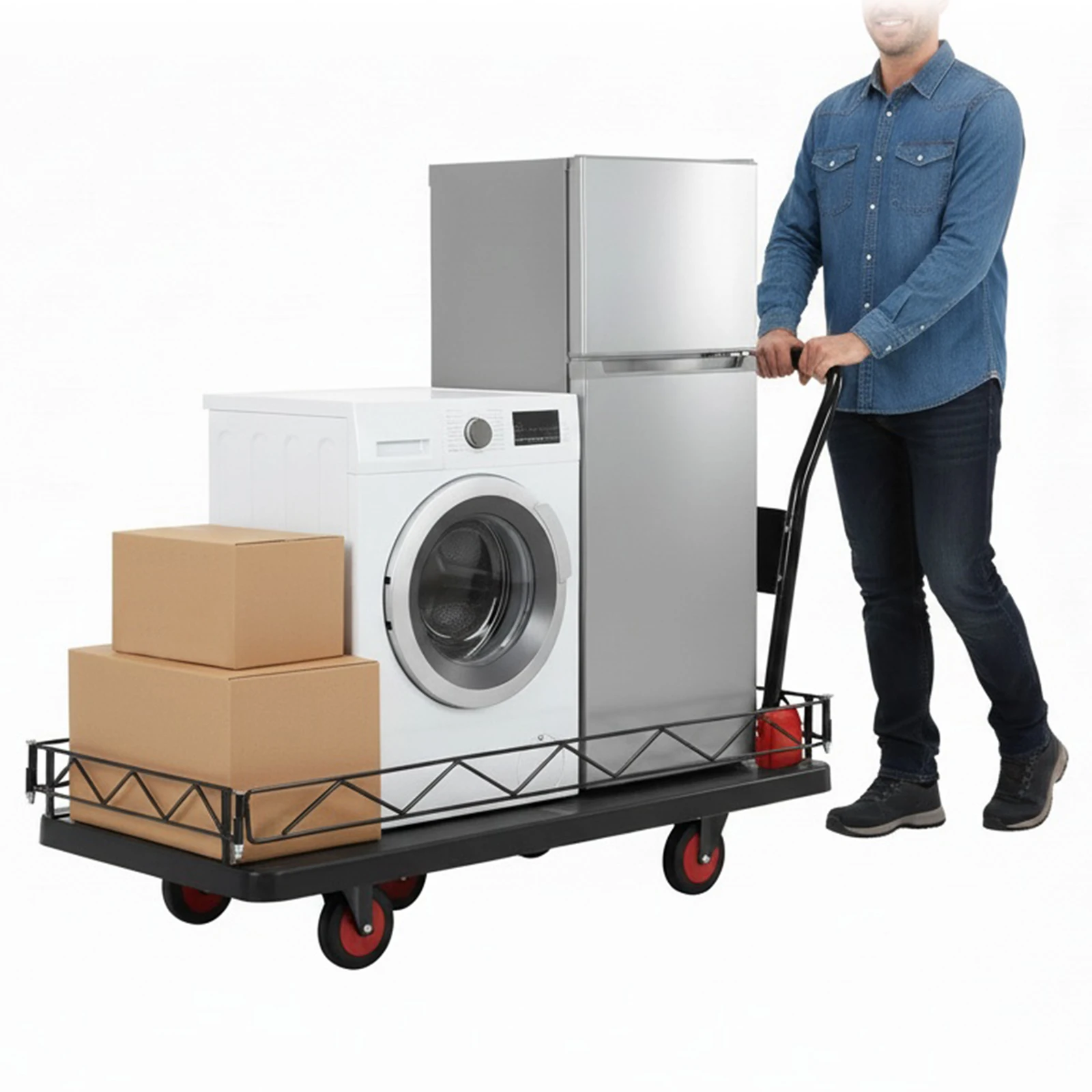 Carretilla de plataforma 2 en 1 con barandillas y valla de alambre de acero, carretilla de mano de cuatro ruedas con capacidad de 2000 lb para compras, garaje y almacén