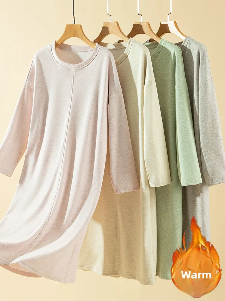 

Thiened Winter Sp Dr Women's round Ne Long Sve Loose Fit Casual Home Wear Pure Color Dervo Long Dr