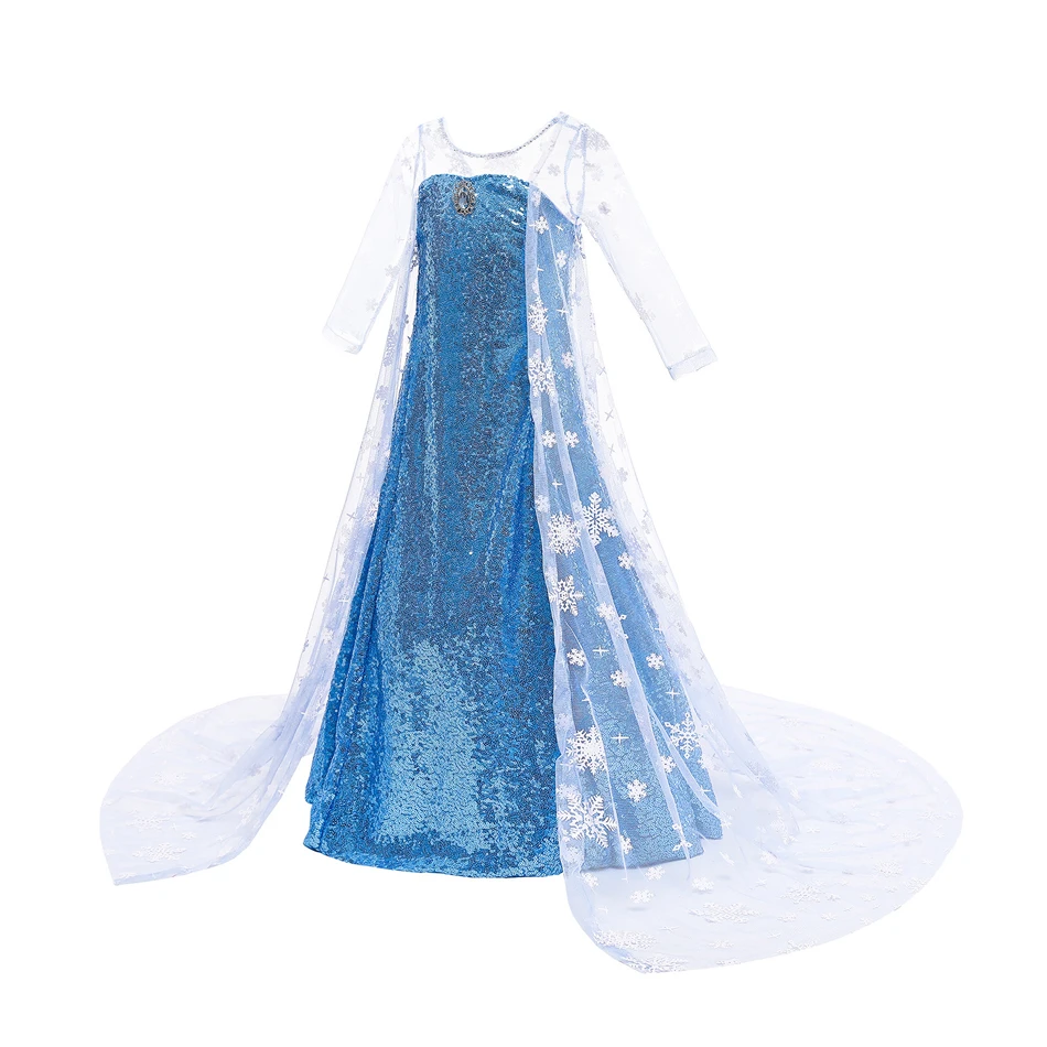 Girls Elsa Style Princess Dress Blue Sequin Bodice with Snowflake Tulle Cape Long Train Birthday Party Gown For Halloween Party