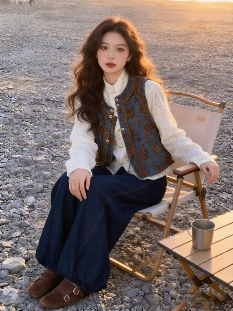 

Elegant Artistic Design Heavy Embroidery Denim Vest Collared Shirt Wide Leg Jeans Set Three Piece Women's Fashion Ensemble