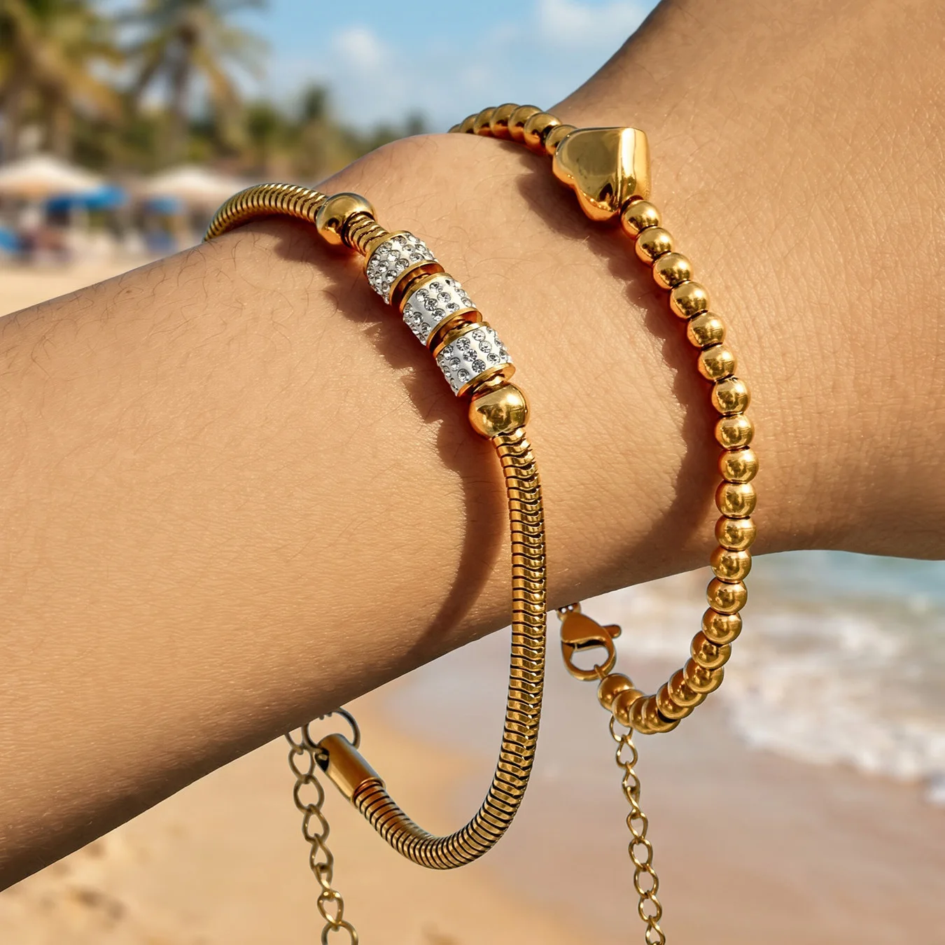 Bracelet en acier inoxydable 316L plaqué or 18 carats pour femmes, perles en forme de cœur incrustées de zircone, bracelet réglable, bijoux de luxe légers
