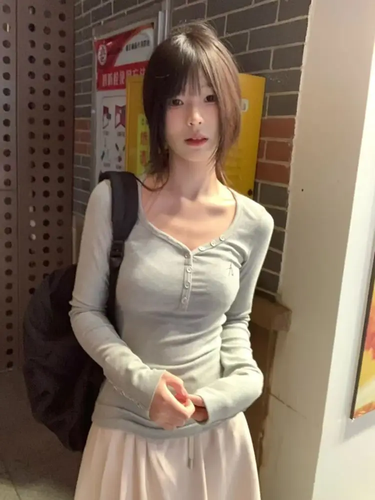 تي شيرت نسائي بأكمام طويلة مقاس كبير، ملابس علوية من القطن الأزرق، مريحة ومسامية، مظهر ريترو للشتاء اليومي للمكتب